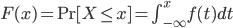 F(x) = {\rm Pr}[X \le x] =\int_{-\infty}^x f(t)dt