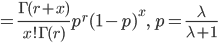 = \frac{\Gamma(r+x)}{x!\Gamma(r)}p^r(1-p)^x, \ p=\frac{\lambda}{\lambda+1}