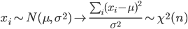 x_i \sim N(\mu, \ \sigma^2)\to \frac{\sum_i(x_i-\mu)^2}{\sigma^2} \sim \chi^2(n)